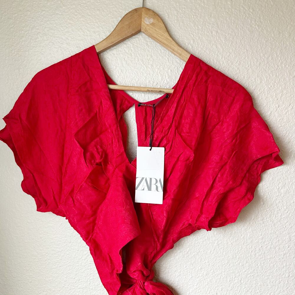 NWT Zara Red Tie Front Crop Top Short Sleeve Blouse sz S - Picture 3 of 7